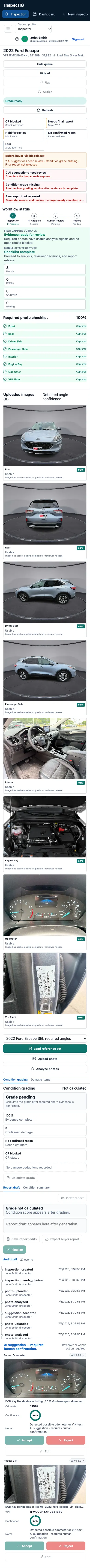 InspectIQ mobile inspection view showing required evidence, workflow status, uploaded vehicle images, and review actions