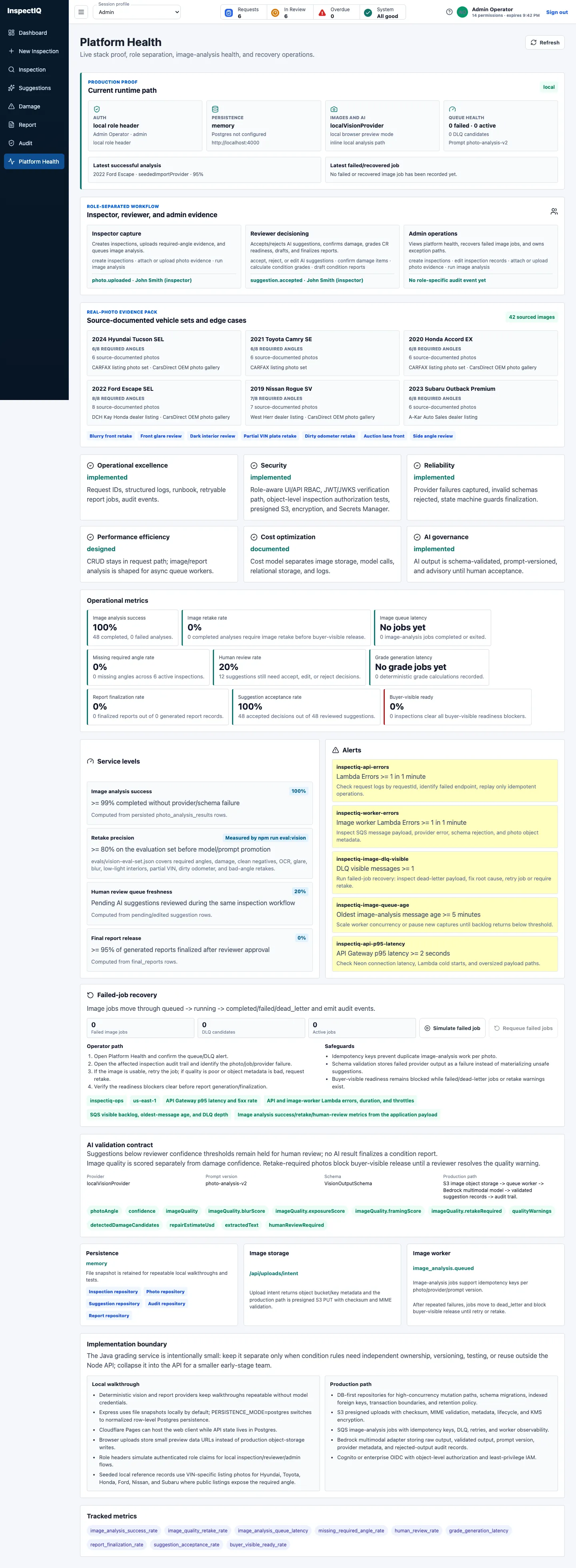 InspectIQ Platform Health view showing runtime proof, role separation, queue metrics, service levels, alerts, and recovery controls
